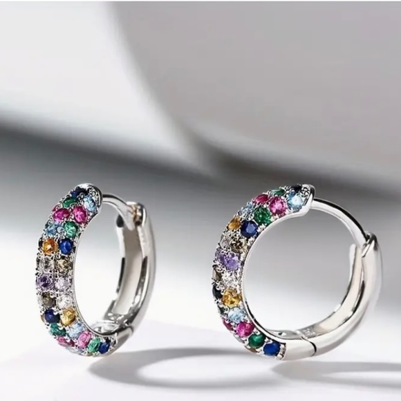 Silver Plated Mini Hoop Earrings Sparkling colorful Zircon Gem - Picture 7 of 10